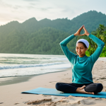 **

"A serene scene of a woman in modest activewear, practicing yoga on a sandy beach in Langkawi at sunrise. Fully clothed, appropriate attire, safe for work. Gentle waves in the background, lush greenery visible. Perfect anatomy, natural proportions, professional photography, high quality. Focus on peacefulness and well-being. Family-friendly, modest."

**