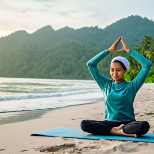 **

"A serene scene of a woman in modest activewear, practicing yoga on a sandy beach in Langkawi at sunrise. Fully clothed, appropriate attire, safe for work. Gentle waves in the background, lush greenery visible. Perfect anatomy, natural proportions, professional photography, high quality. Focus on peacefulness and well-being. Family-friendly, modest."

**