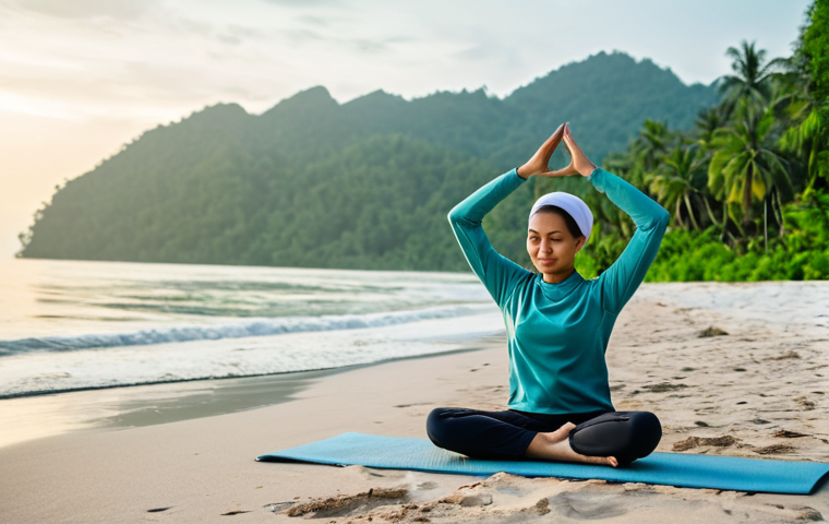 **

"A serene scene of a woman in modest activewear, practicing yoga on a sandy beach in Langkawi at sunrise. Fully clothed, appropriate attire, safe for work. Gentle waves in the background, lush greenery visible. Perfect anatomy, natural proportions, professional photography, high quality. Focus on peacefulness and well-being. Family-friendly, modest."

**
